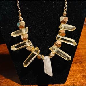 Vintage Center Crystal Gold Beaded Faux Yellow Accent Crystal Statement Necklace